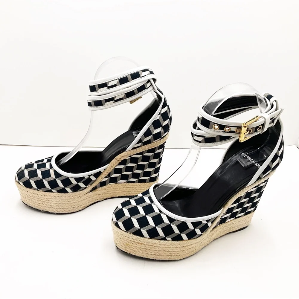 {Pierre Hardy} Canvas & Leather Cubed Print Espadrille Wedges - Picture 14 of 16